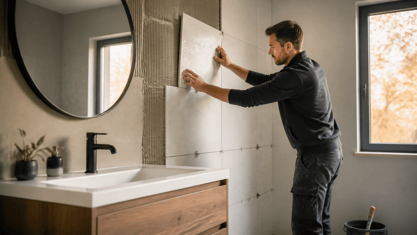 Moderne badkamer met vrijstaand bad, warme houten accenten en zacht daglicht door een groot raam.