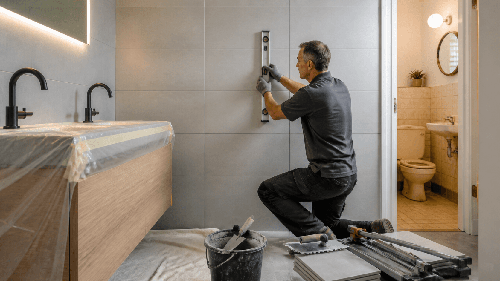 Moderne badkamer met wit ligbad, houten wastafelmeubel en zacht daglicht door groot raam.