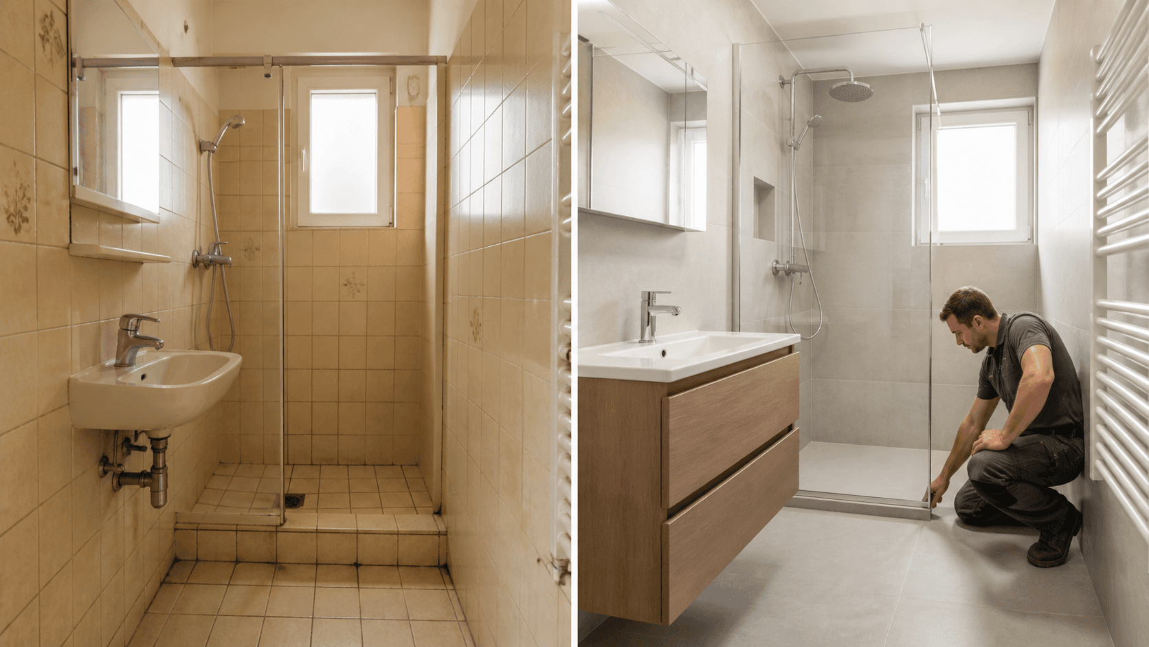 Moderne kleine badkamer met wit marmer, houten wastafelmeubel, ronde spiegel en warm natuurlijk licht.