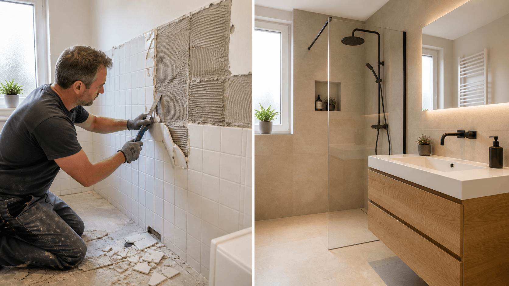 Moderne badkamer met marmeren tegels, vrijstaand bad, houten wastafel en warm natuurlijk licht.